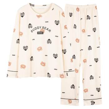 Jiuchuang Premium Spring and Autumn Pure Cotton Pajamas Women's Round Neck Cartoon Cartoon Sweet Student Can Wear Casual Home Clothing Set