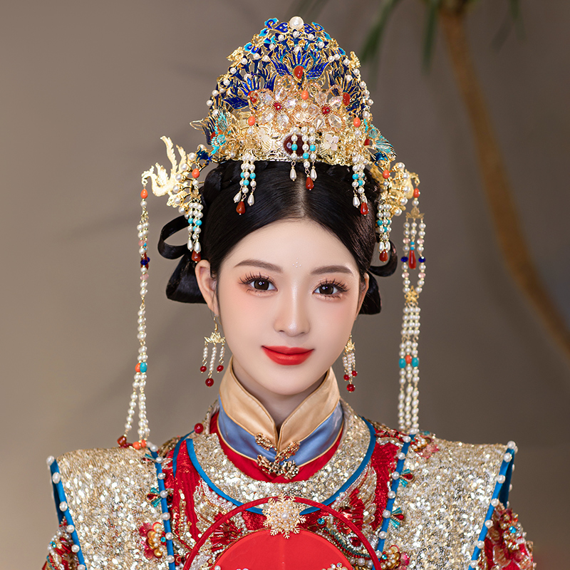 中式新娘秀禾服头饰凤冠汉服明制婚礼景泰蓝龙凤冠高端大气手工