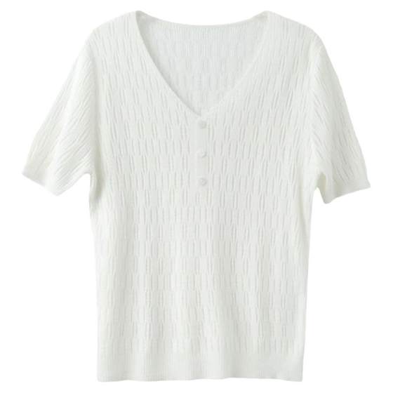 Ice-cool mulberry silk women's new summer V-neck button short-sleeved thin loose slimming T-shirt solid color fashionable top Ice-cool mulberry silk women's new summer V-neck button short-sleeved thin loose slimming T-shirt solid color fashionable top