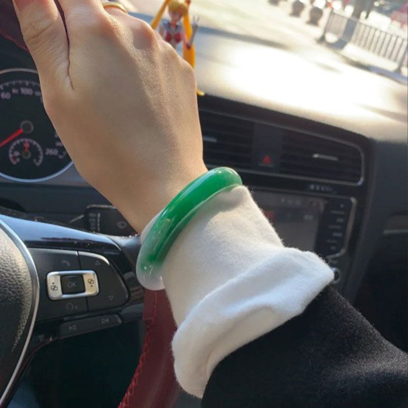 缅甸天然A货冰种飘花贵妃玉手镯阳绿宽版翡翠手镯紫罗兰少女圆条