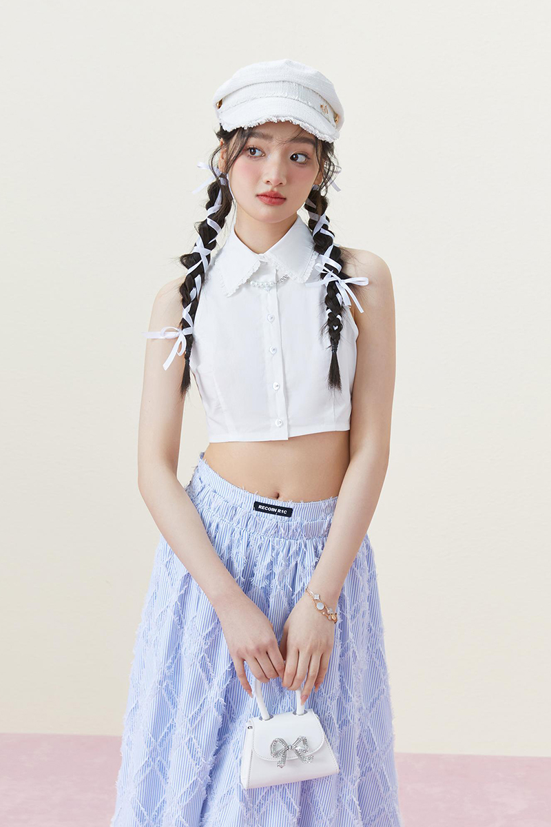 RECOINR1C 白色短款无袖蕾丝翻领上衣女夏季内搭修身显瘦薄款衬衫