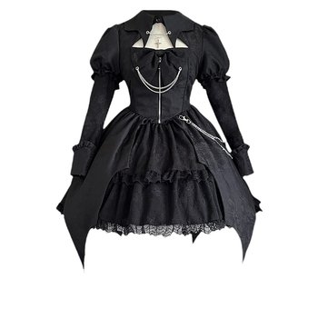 ຕົ້ນສະບັບ lolita goth girl dark night law dark style loli high waist daily dress OP long sleeve dress