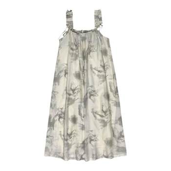 ໝາທີ່ສັດຊື່ Xiaoba's pear-shaped homemade night bamboo forest retro tie-dye loose and lazy suspender dress style spring spring