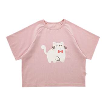 Youyou Girls Cartoon Cat Short Sleeve Summer Children's Loose Casual Raglan Sleeve T-shirt Baby Simple Quarter Sleeve