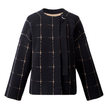 Rongrenjia blue plaid wool ribbon women's ribbon 2023 new high-end retro lace-up jacket cashmere short