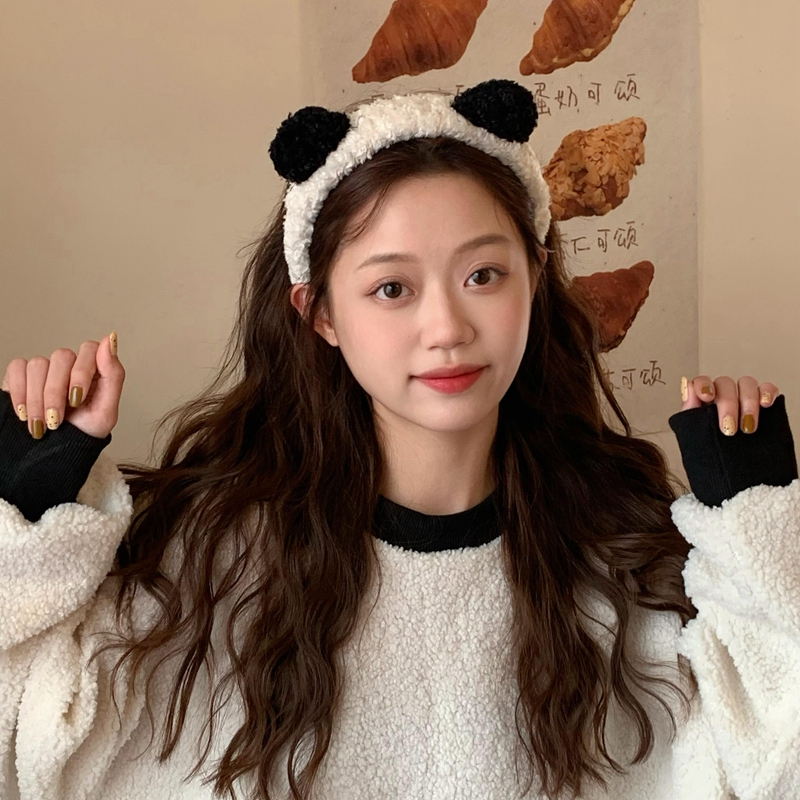 可爱熊猫发箍黑白羊羔毛头箍宽边发卡超萌少女毛绒绒发饰2023头饰