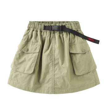 OLAMIMI2023 summer pro-American retro mountain style workwear outdoor style pocket buckle high-waisted A-line skirt culottes