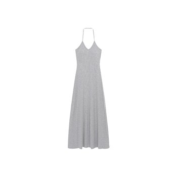 Hot Girl Grey Halter Neck Backless Dress 2024 Women's New Summer Waist A-Line Belt Padded Suspender Long Dress