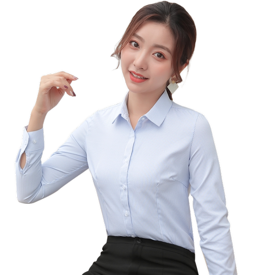 Spring and Autumn Long Sleeve Blue and White Vertical Stripe Women's Summer New Professional Slim Shirt Waist Temperament Top Workwear 2024 Spring and Autumn Long Sleeve Blue and White Vertical Stripe Women's Summer New Professional Slim Shirt Waist Temperament Top Workwear 2024