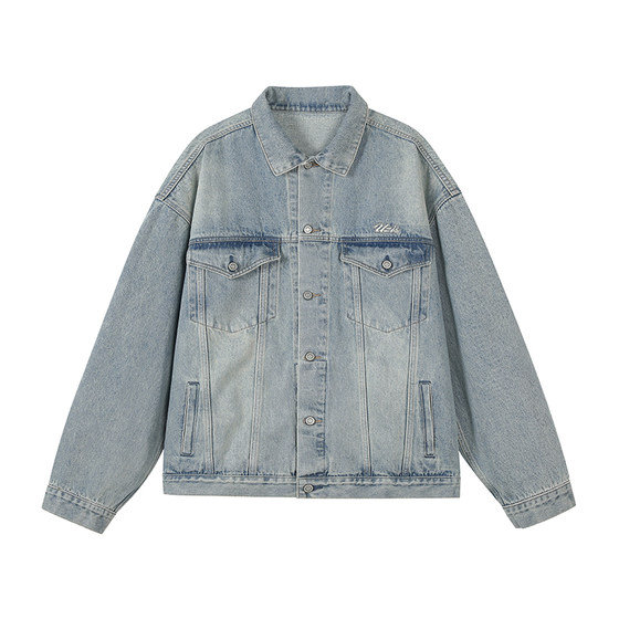 Aspiring UZIS American denim jacket, men's retro washed and worn-out, loose fitting sports and casual spring and autumn jacket, youthful and beautiful Aspiring UZIS American denim jacket, men's retro washed and worn-out, loose fitting sports and casual spring and autumn jacket, youthful and beautiful
