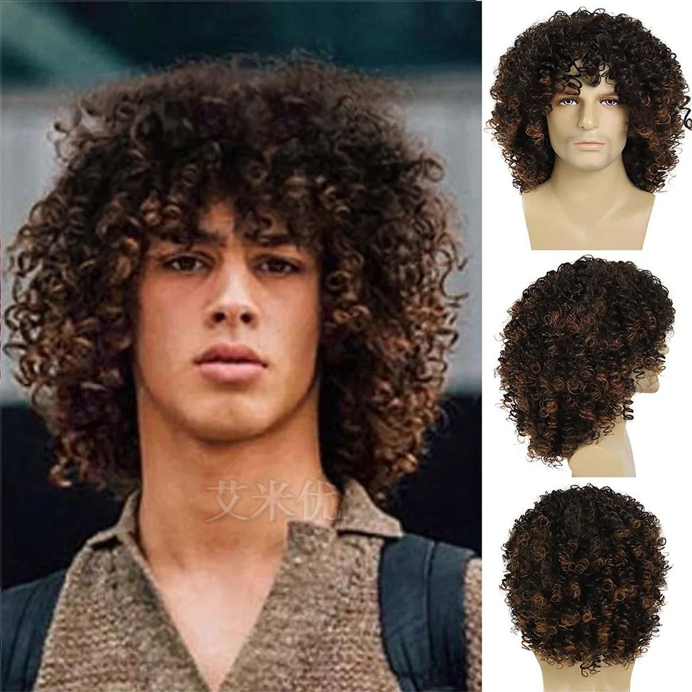 Men's Curly Short Hair Wig Black Perm Natural Fluffy Retro Rock