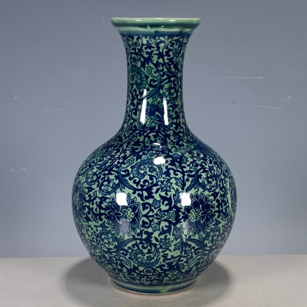 大清雍正年制绿釉缠枝花盘口瓶客厅摆件古董瓷器古玩家居装饰品