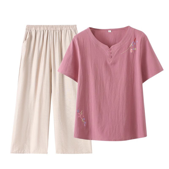 Summer middle-aged and elderly mothers summer embroidery set cotton linen short-sleeved T-shirt top grandma clothes cropped pants women Summer middle-aged and elderly mothers summer embroidery set cotton linen short-sleeved T-shirt top grandma clothes cropped pants women