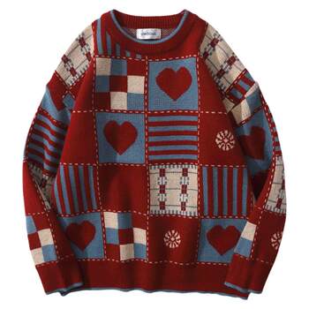 Wukong ແມ່ນມີຢູ່ໃນຫຼັກຊັບອາເມລິກາ retro ສີ block love jacquard sweater ສໍາລັບຜູ້ຊາຍ trendy brandy loose sweater ສີແດງປີໃຫມ່