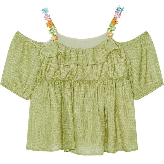 Fairy pocket strap off-shoulder chiffon shirt for women 2025 summer new sweet vacation style niche top Fairy pocket strap off-shoulder chiffon shirt for women 2025 summer new sweet vacation style niche top