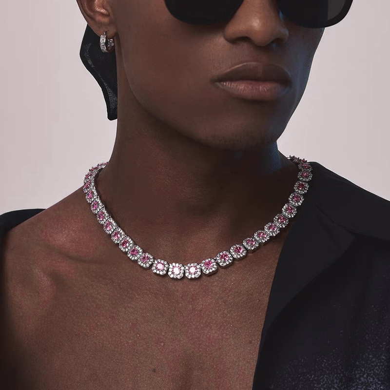 TravisScott同款iceoutChain12mm锆石粉冰糖链嘻哈锁骨项链男女款