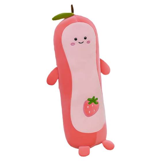 Peach plush toys doll on the bed holding a long strip to sleeping doll female avocado pillow to hold legs doll
Peach plush toys doll on the bed holding a long strip to sleeping doll female avocado pillow to hold legs doll