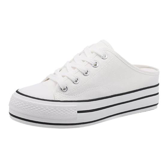 Inner increase of half slippers canvas shoes without heels lazy shoes women's shoes, one foot of puffed puffy cake shoes thick bottom small white support Inner increase of half slippers canvas shoes without heels lazy shoes women's shoes, one foot of puffed puffy cake shoes thick bottom small white support