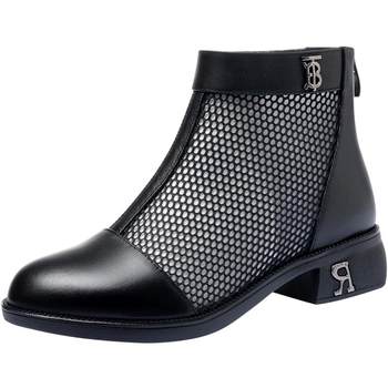 ເກີບຫນັງແທ້ hollow women's flat short boots women's single boots mid-heel soft leather mesh mom's shoes round toe women's boots mesh boots summer