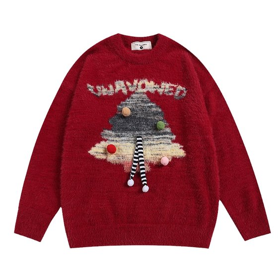NOONOZ Red Christmas Tree Imitation Mink Fleece Pullover Sweater Men's Autumn/Winter American Retro Lazy Couple Knitwear NOONOZ Red Christmas Tree Imitation Mink Fleece Pullover Sweater Men's Autumn/Winter American Retro Lazy Couple Knitwear