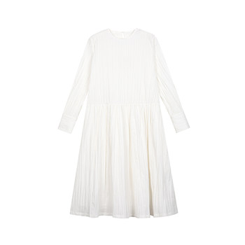 ItoshIroshI ຄໍຮອບສີຂາວ pleated ແອວສູງສາມມິຕິລະດັບ silhouette French elegant pullover midi skirt dress
