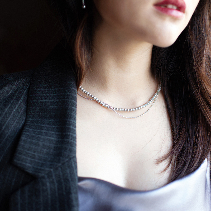 missqueeny奎妮小姐银灰天然双层珍珠纯银项链锁骨链原创颈链女