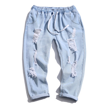 ຄູ່ຜົວເມຍ summer 2024 ins ripped jeans ສໍາລັບເດັກຍິງໄຂມັນທີ່ຈະເພີ່ມນ້ໍາຫນັກແລະເພີ່ມ 200 ປອນ elastic waist harem ເກົ້າ pants trendy