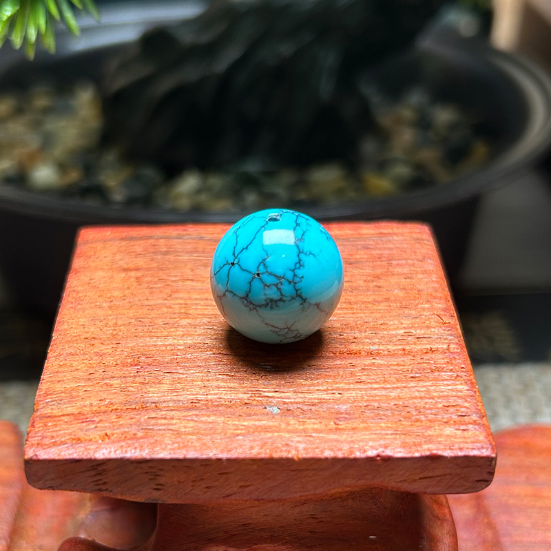原矿纯天然绿松石散珠圆珠单颗配珠保真高瓷珠子网花纹单珠