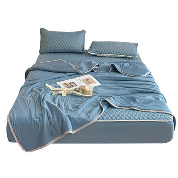 ຜ້າປູຢາງສາມຊິ້ນຊຸດ summer ice silk mat four-piece set washable bed sheet style sheet mat summer blue