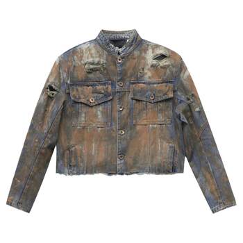 ເສື້ອຢືດ denim ຜູ້ຊາຍ ripped ດູໃບໄມ້ລົ່ນໃຫມ່ອາເມລິກາ retro wasteland ຜູ້ຊາຍສັ້ນແຂບສັ້ນ pad denim jacket