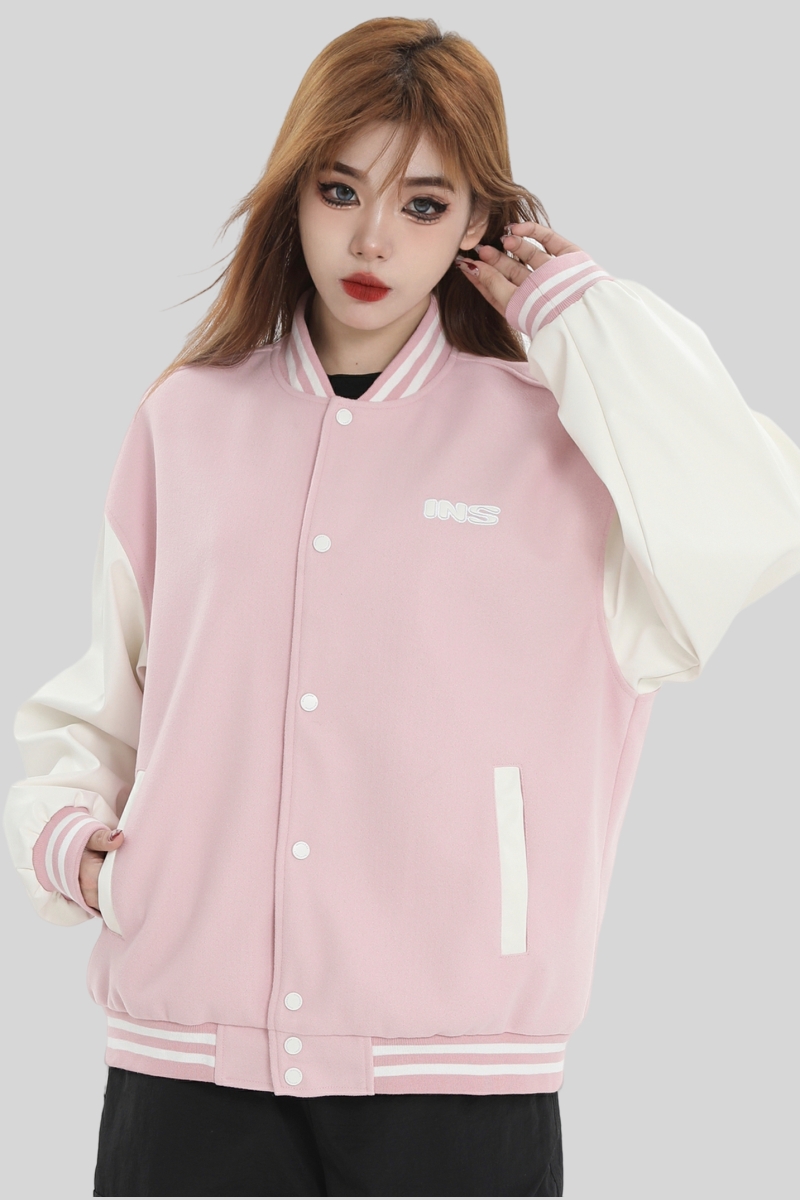 INSstudios 国潮牌情侣美式撞色贴布拼皮棒球服宽松休闲夹克外套