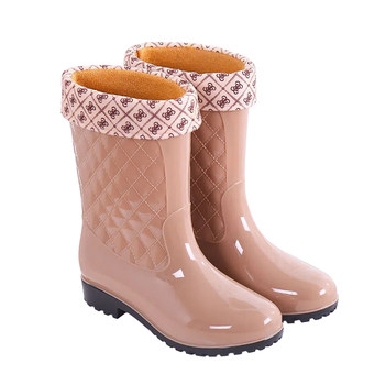 New mid-tube plus velvet rain boots, rain boots, waterproof shoes, rubber shoes, overshoes, water shoes, women's fashion fashionable adult non-slip high tube rain boots