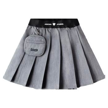ເດັກຍິງ preppy workwear pleated waist skirt ເດັກນ້ອຍ detachable ຖົງ elastic waist skirt