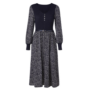 Enruini Floral Dress ແມ່ຍິງດູໃບໄມ້ລົ່ນໃຫມ່ສາຍແອວອຸປະກອນເສີມແອວ knitted Splicing ປອມສອງສິ້ນ skirt Midi-Length