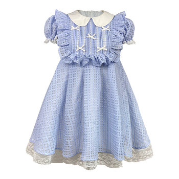 Narrator original design blue plaid doll collar lace puff sleeve short-sleeved A-line dress