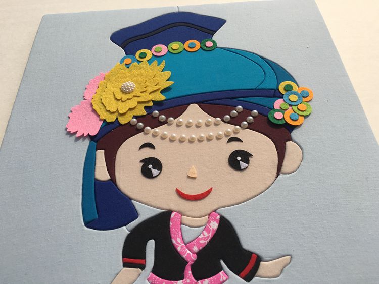 diy手工拼布画布嵌布贴画亲子材料包56民族风人物服饰布朗族30x40