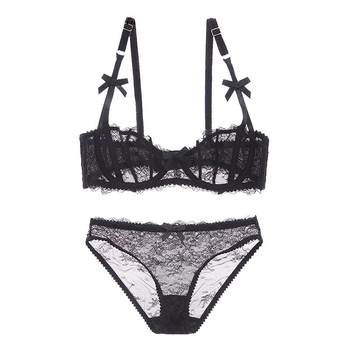 Sexy ultra-thin half cup underwear ຂອງແມ່ຍິງ bra lace bra ກໍານົດ panties ບາງຕາຫນ່າງ lust ບໍລິສຸດ