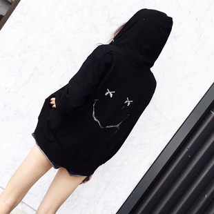 秋季新款韩版中长款纯棉卫衣后背水钻手枪笑脸连帽帽衫开衫外套女