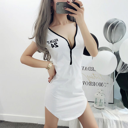 2018夏性感V领夜店短袖休闲白色冷淡风连衣裙包臀夜场低胸短裙女-tmall.com天猫