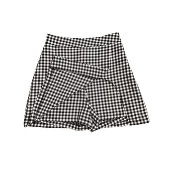 2023 summer style irregular plaid short culottes for women 200 pounds fat mm high waist ສີດໍາແລະສີຂາວ plaid slit A-line skirt
