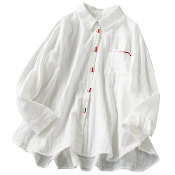 Zimo retro versatile embroidered cotton shirt ສີ​ຂາວ​ສໍາ​ລັບ​ແມ່​ຍິງ 2024 summer ຄໍ​ເຕົ້າ​ໄຂ່​ທີ່​ອອກ​ແບບ​ໃຫມ່​ເສື້ອ​ເຊີດ​ແຂນ​ຍາວ