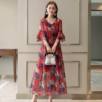 雪纺长裙女士夏季V领大码显瘦沙滩裙五分袖碎花中长裙气质连衣裙-tmall.com天猫 雪纺长裙女士夏季V领大码显瘦沙滩裙五分袖碎花中长裙气质连衣裙-tmall.com天猫