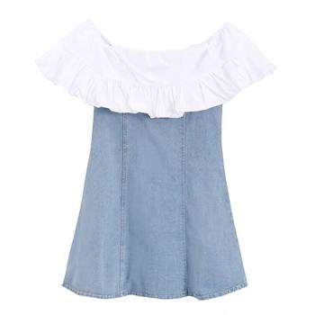 Q ເສື້ອແມ່ຍິງ spliced ​​​​denim one-shoulder suspender dress women's summer clavicle sexy slim puff sleeve a-line skirt