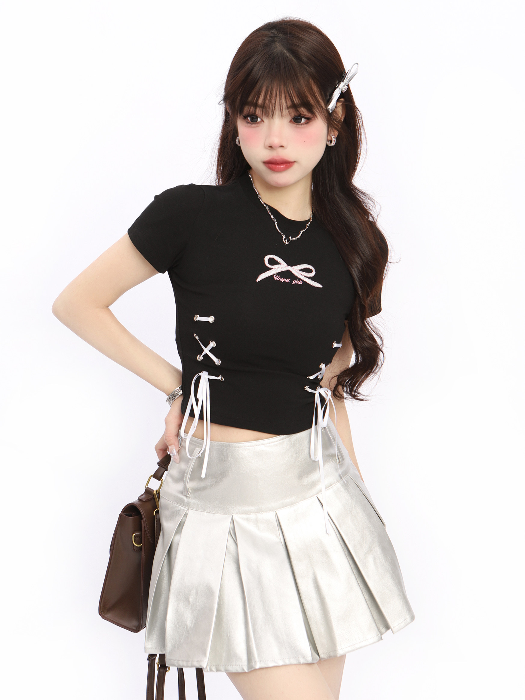 甜辣纯欲少女黑色蝴蝶结短袖t恤女美式小众设计感修身显瘦短上衣