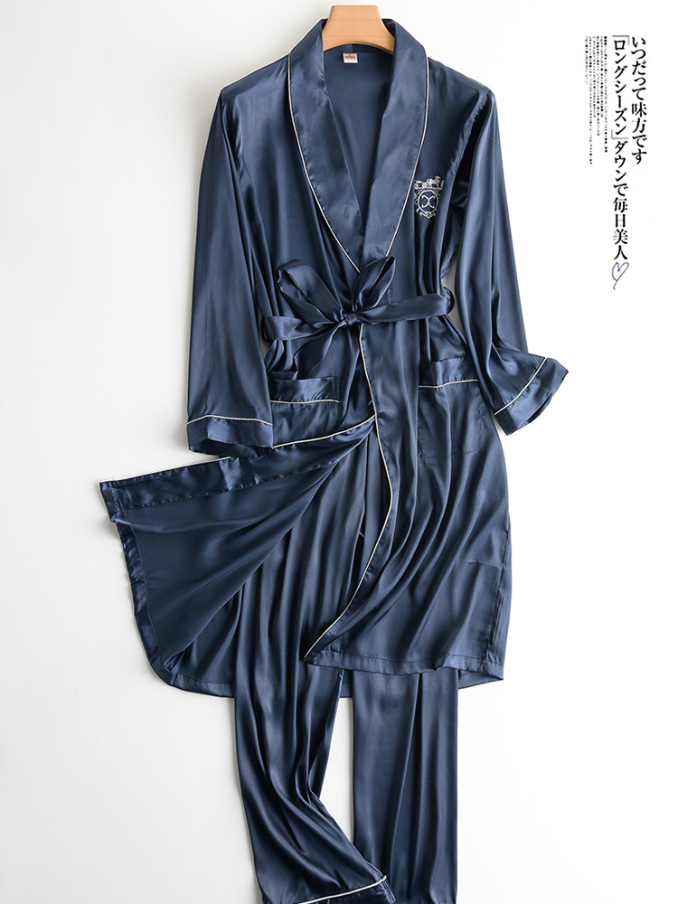 Men's spring and autumn ice silk long-sleeved robe suit summer thin section simulation silk pajamas men's long robe bathrobe