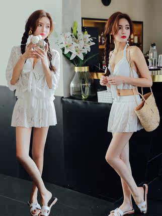 泳衣女三件套韩国温泉小香风2018新款小胸聚拢性感遮肚白色比基尼-tmall.com天猫