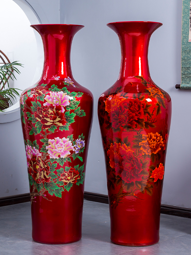 Jingdezhen ceramics China red peony vase of large living room TV ark, high place extra large opening