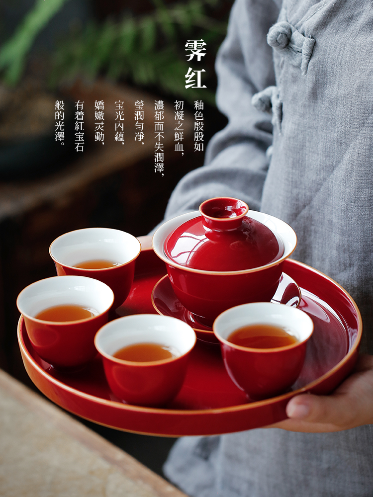 Su ji red glaze ceramic three tureen tea bowl cups household marriage just tureen worship cups