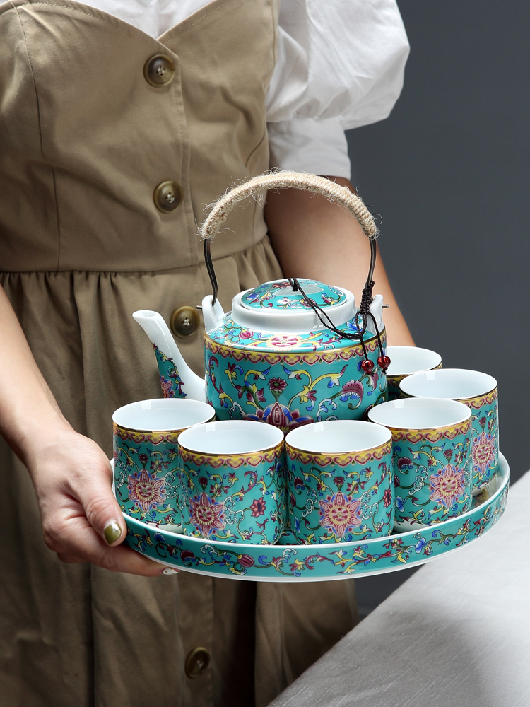 Jingdezhen ceramic tea set suit household colored enamel sitting room girder pot of tea tray was large teapot tea cups