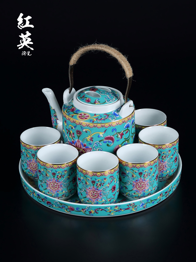 Jingdezhen ceramic tea set suit household colored enamel sitting room girder pot of tea tray was large teapot tea cups